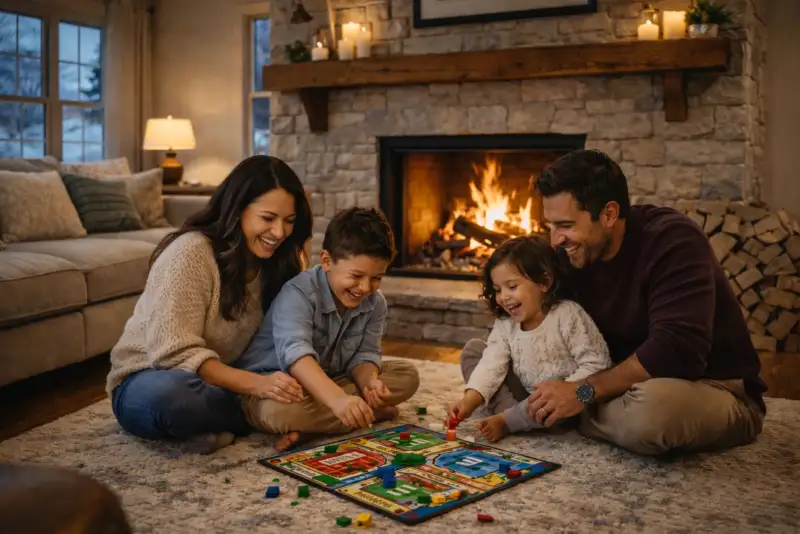 Family playing a board game by the fireplace