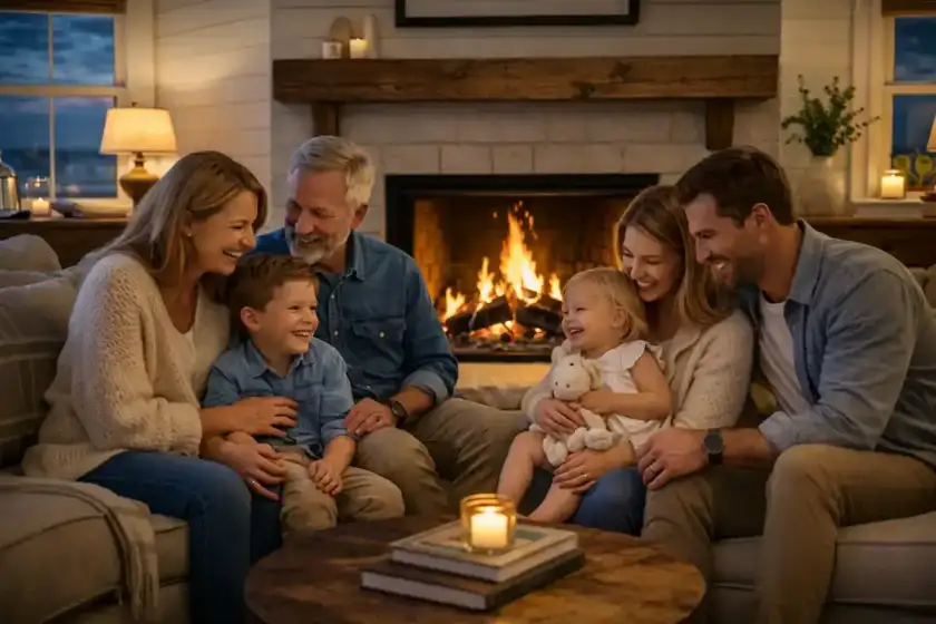 Multiple generations of a family enjoying time together by the fireplace